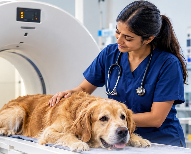 A veterinarian reassuring a golden retriever beside a CT scanner